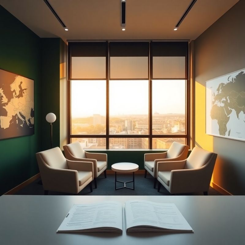 Birou modern de consultanță fiscală în Iași, cu perete verde și mobilier crem, hartă a Europei pe perete