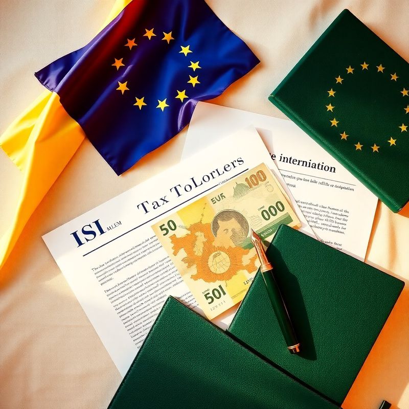 Documente fiscale internaționale, drapelul UE și un caiet verde pe o suprafață de in crem